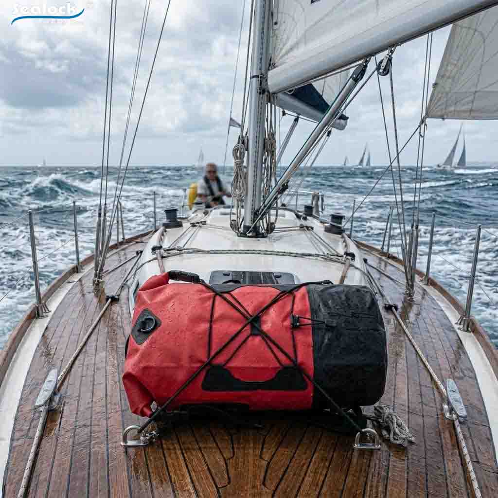 Sealock waterproof dry bag for sailing secured on a sailboat deck in saltwater spray