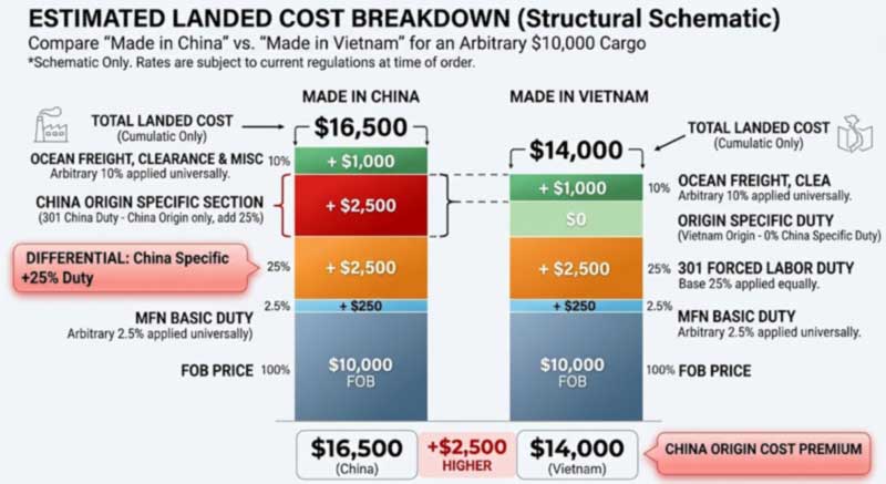 Stacked duty layers for waterproof bag imports comparing China and Vietnam origin