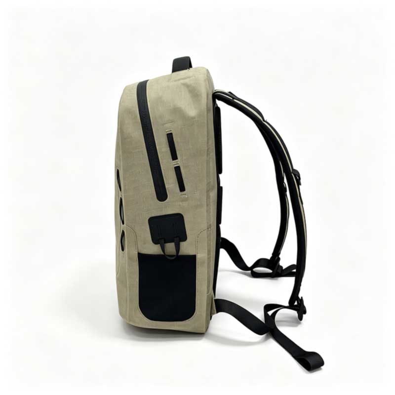 Side profile of the SL-E1313 waterproof backpack showing welded lash tabs and stretch side pocket